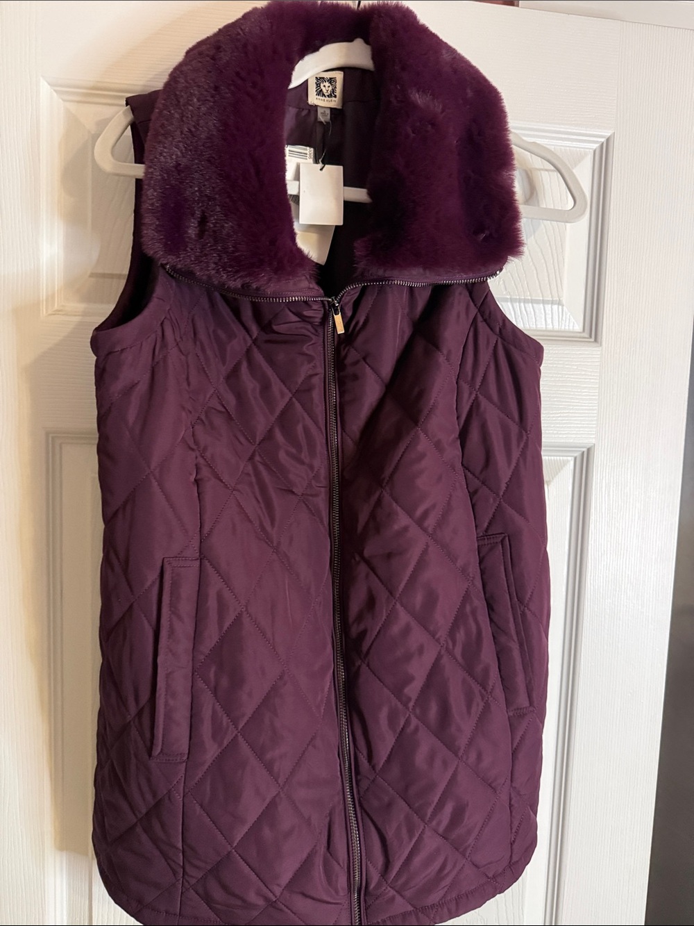 Anne Klein Quilted Faux-Fur Collar Vest — Plum S nwt elastic back gorgeous soft
